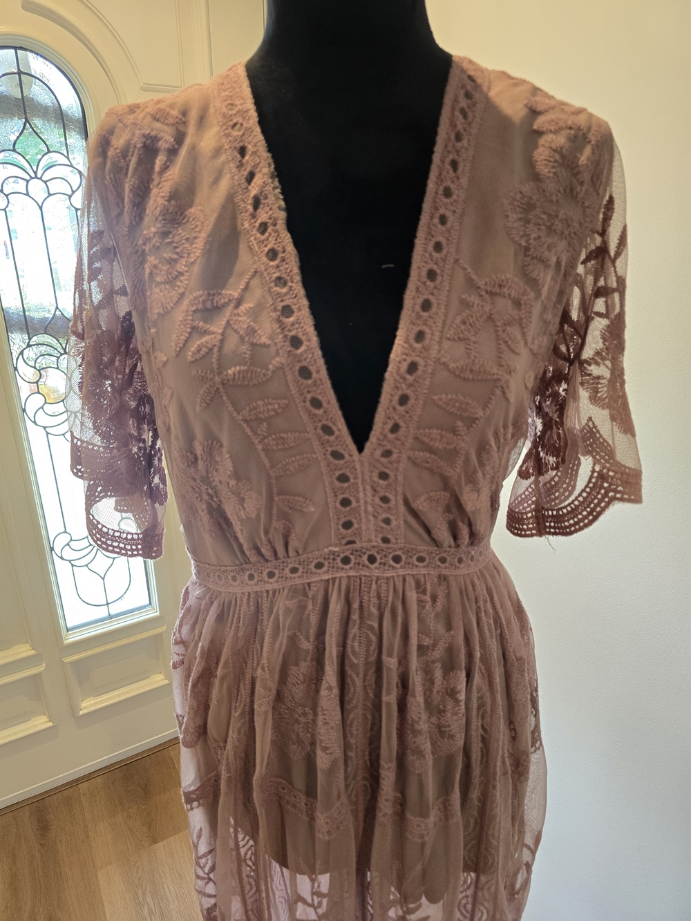 Women's PinkBlush Mauve Lace Mesh Overlay Maxi Dress - Picture 3 of 10